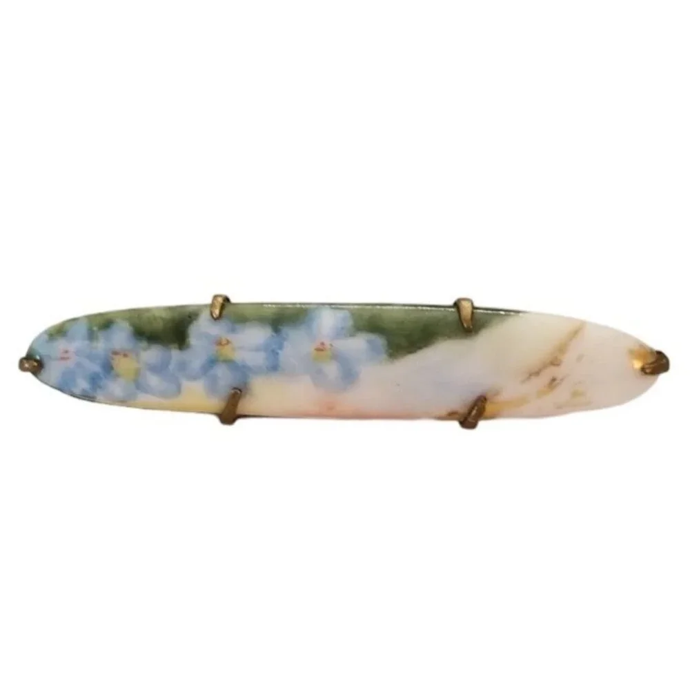 Blue Flower Oval Victorian Style Porcelain Bar Pin Brooch L55